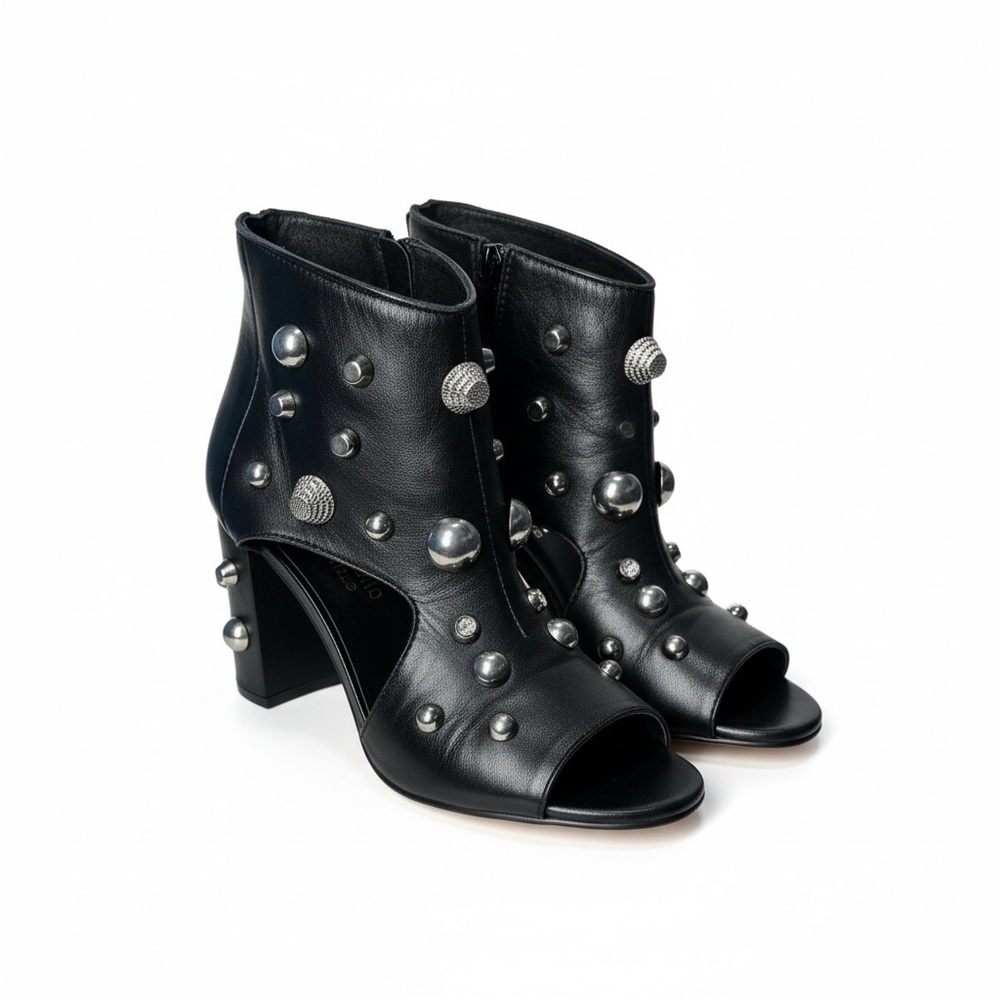 Fabrizio Chini Black Leather Studded Peep Toe Ankle Booties Made in Italy